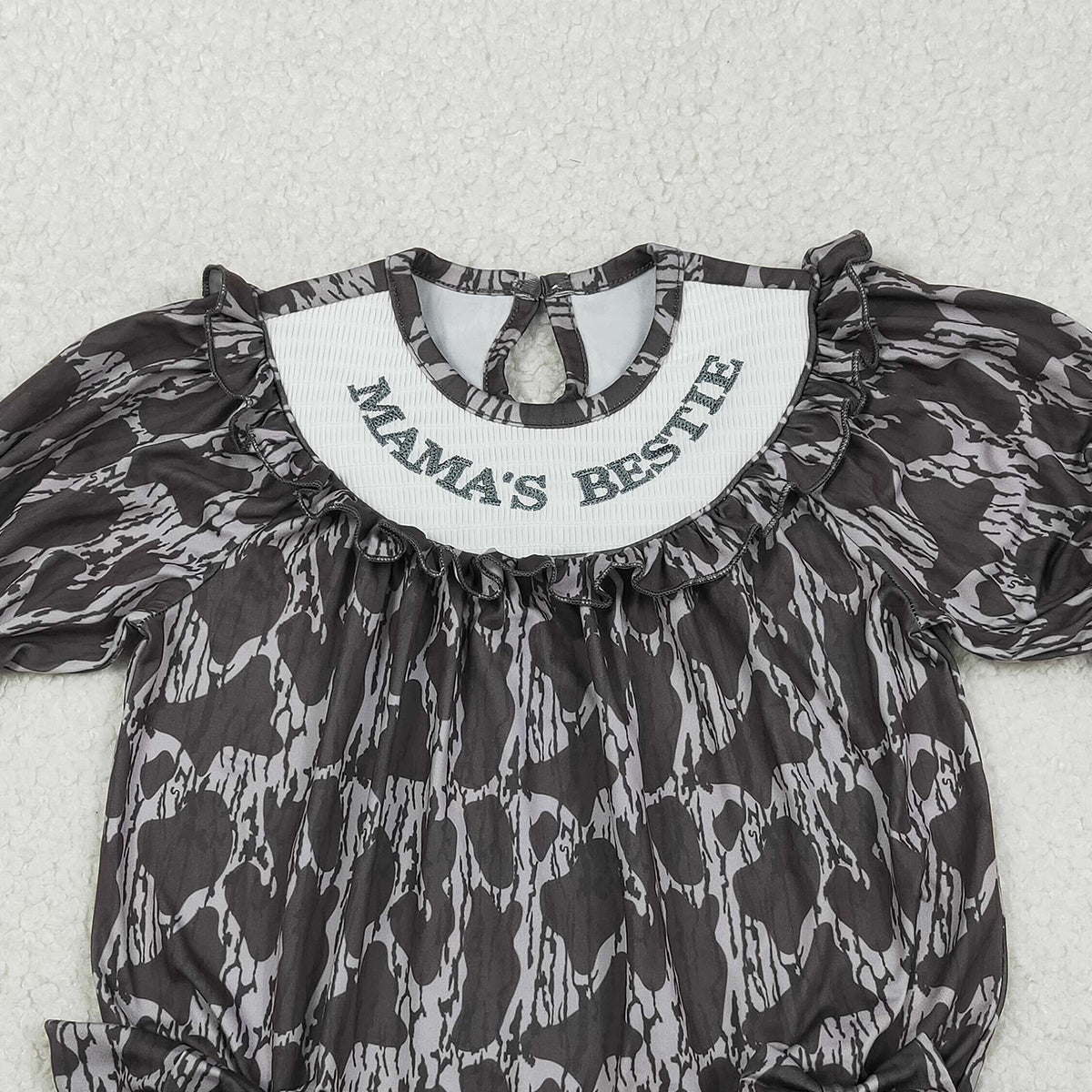 11.12 RTS NO MOQ （In stock）LR2727 Baby Girls Summer Rompers Smocked Mamas Bestie Baby Girls Camo Hunting Ruffle Rompers