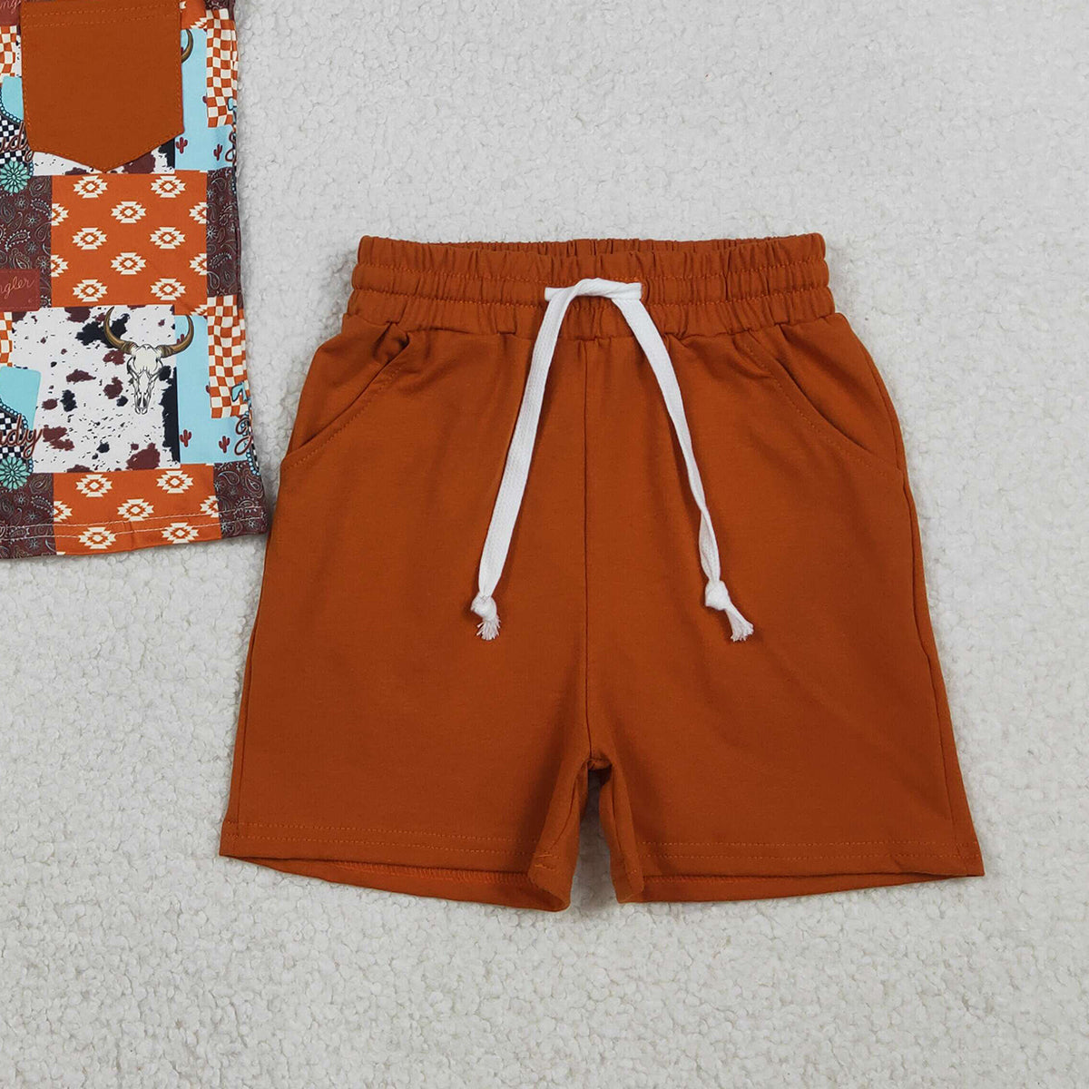 1.22 RTS NO MOQ （In stock）BSSO1773 Baby Boys Aztec Null Skulls Checked Top Pockets Shorts Western Clothes Sets