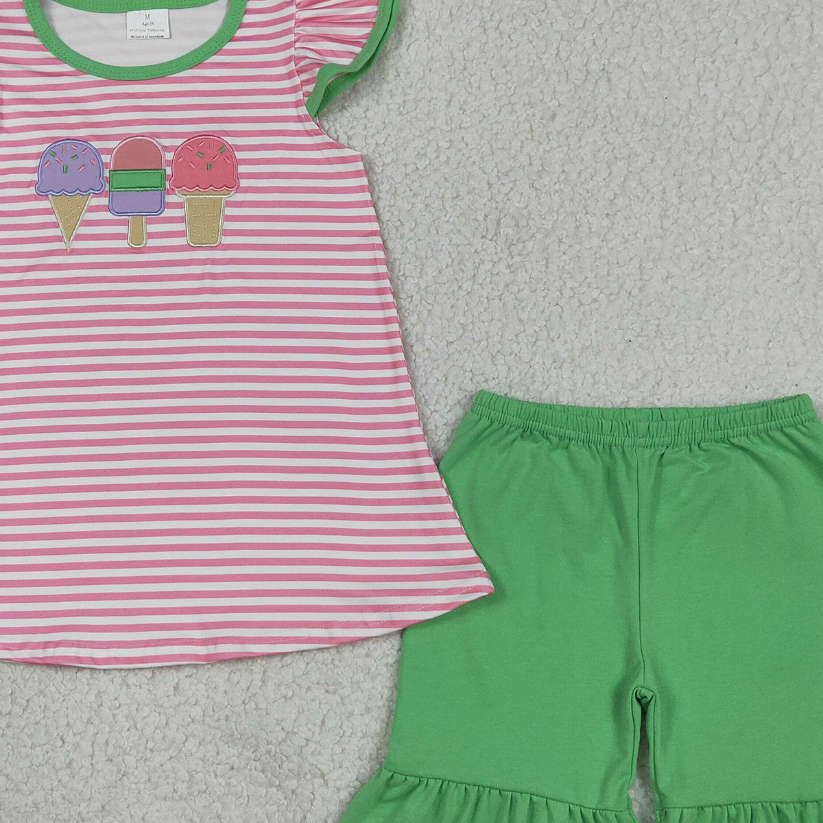GSSO2349 RTS NO MOQ （In stock ）Pink stripe popsicle top green shorts girls summer clothes