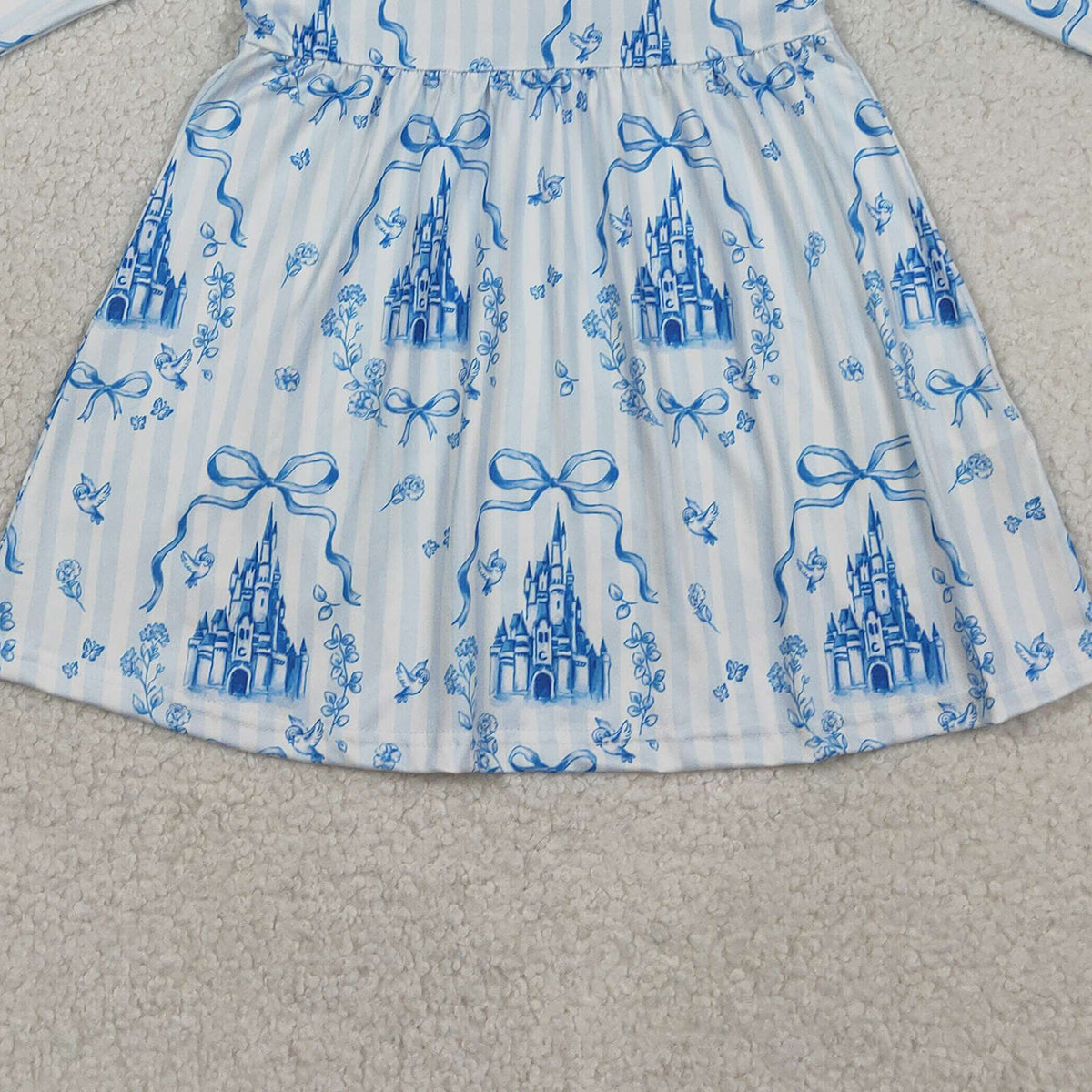 1.20 RTS NO MOQ （In stock）GLD1567 Baby Girls Winter Dress Baby Girls Blue Stripe Bows Castles Knee Length Dresses