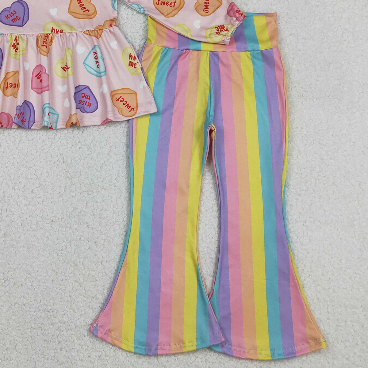 12.12 RTS NO MOQ （In stock）GLP3118 Baby Girls Colorful Hearts Tunic Stripe Bell Bottom Pant Valentines Clothes Sets