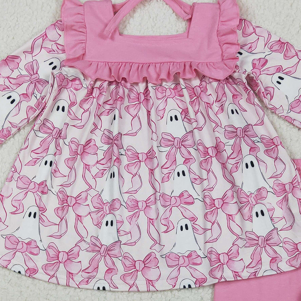 RTS NO MOQ （In stock）GLP2362 Baby Girls Winter Outfits Baby Girls Halloween Pink Bows Ghosts Tunic Ruffle Pant Sets