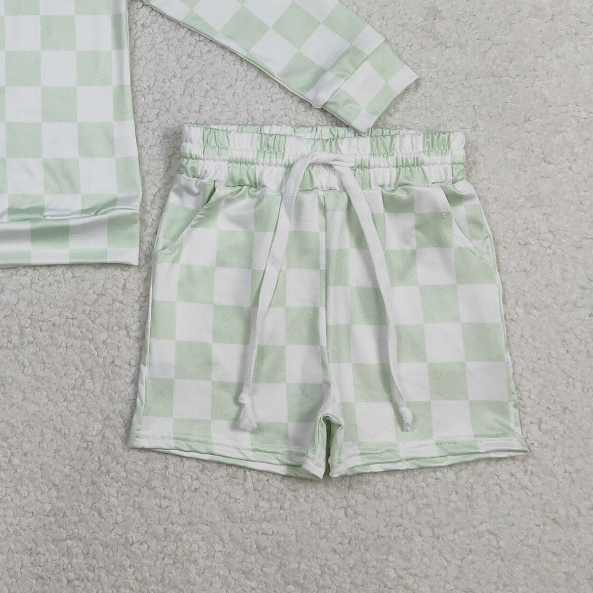 2.6 RTS NO MOQ （In stock）GLS0086 Baby Girls Light Green Checked Long Sleeve Top Pockets Shorts Clothes Sets