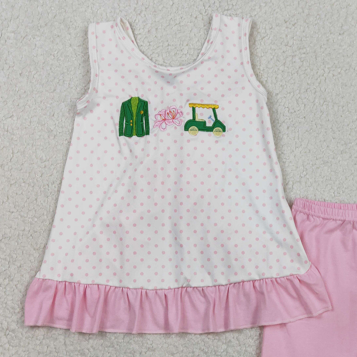 1.26 RTS NO MOQ （In stock）GSSO2884 Embroidery Golf Trucks Baby Girls Polka Dots Back Bow Tunic Ruffle Short Clothes Sets