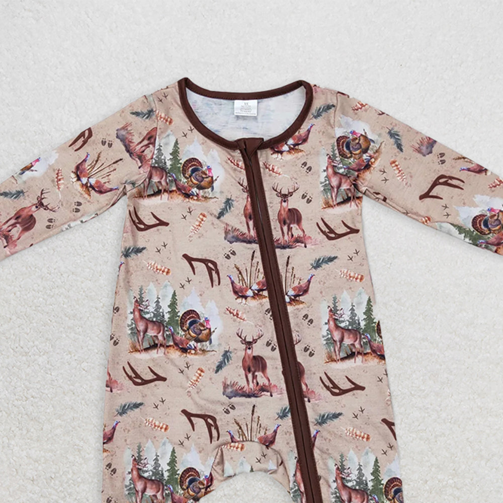 USA Shop (in stock) LR1014RTS NO MOQ Baby Boys Winter Outfits  Modal Deerhorn Turkey Brown Zipper Long Sleeve Bodysuit