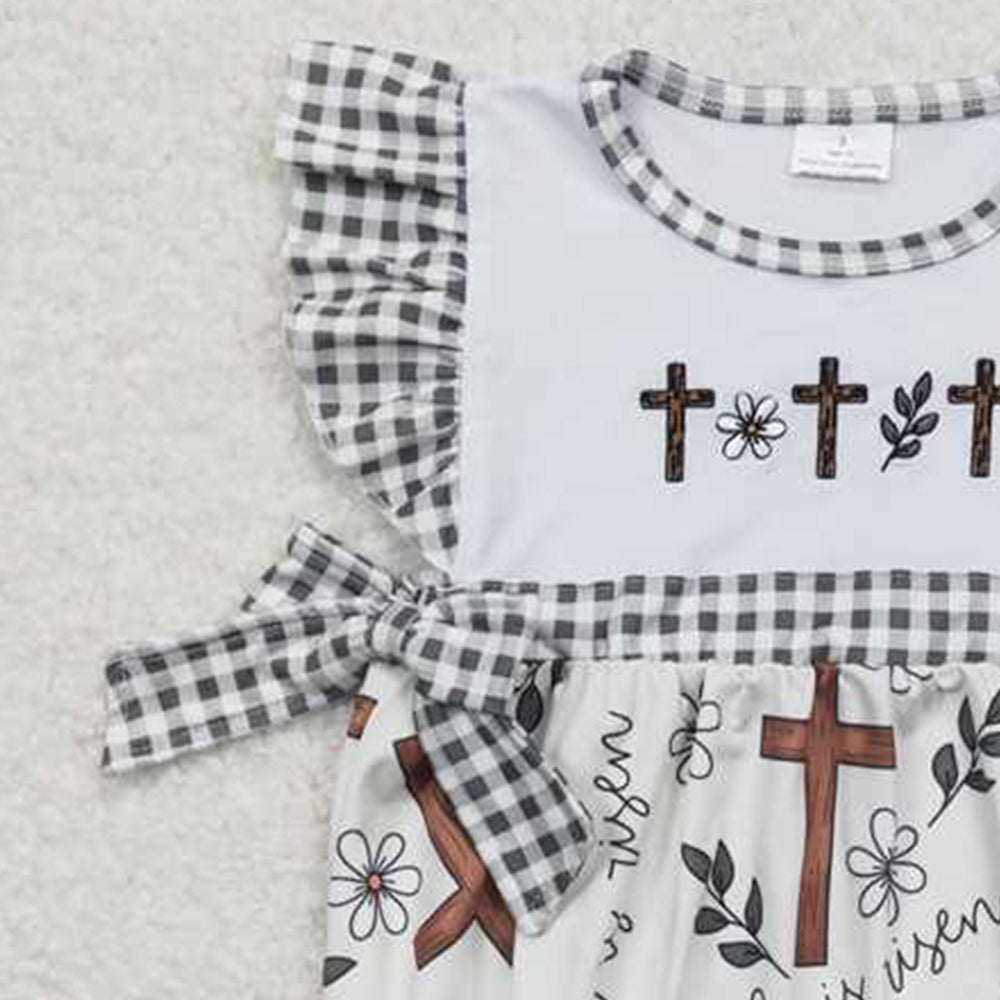 SR0813Cross Floral Baby Girls Easter Romper with Flutter Sleeves Girls Outfit Spring Clothing Toddler Dresses