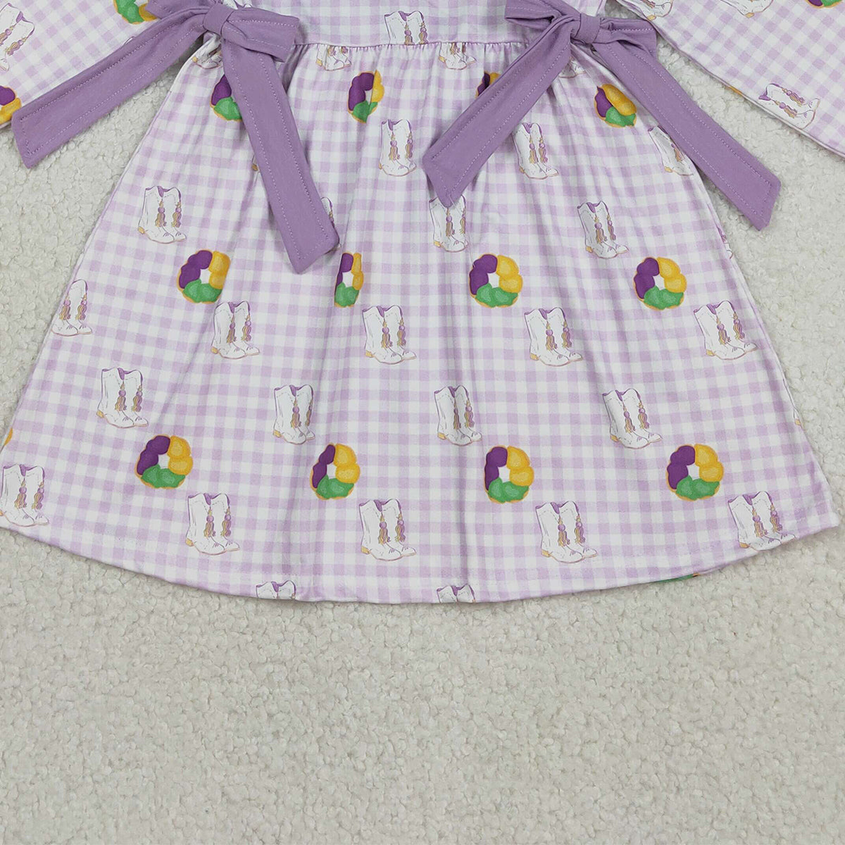 12.12 RTS NO MOQ （In stock）GLD1379 Baby Girls Winter Dress Baby Girls Purple Checked Boots Donuts Bows Mardigras Knee Length Dresses