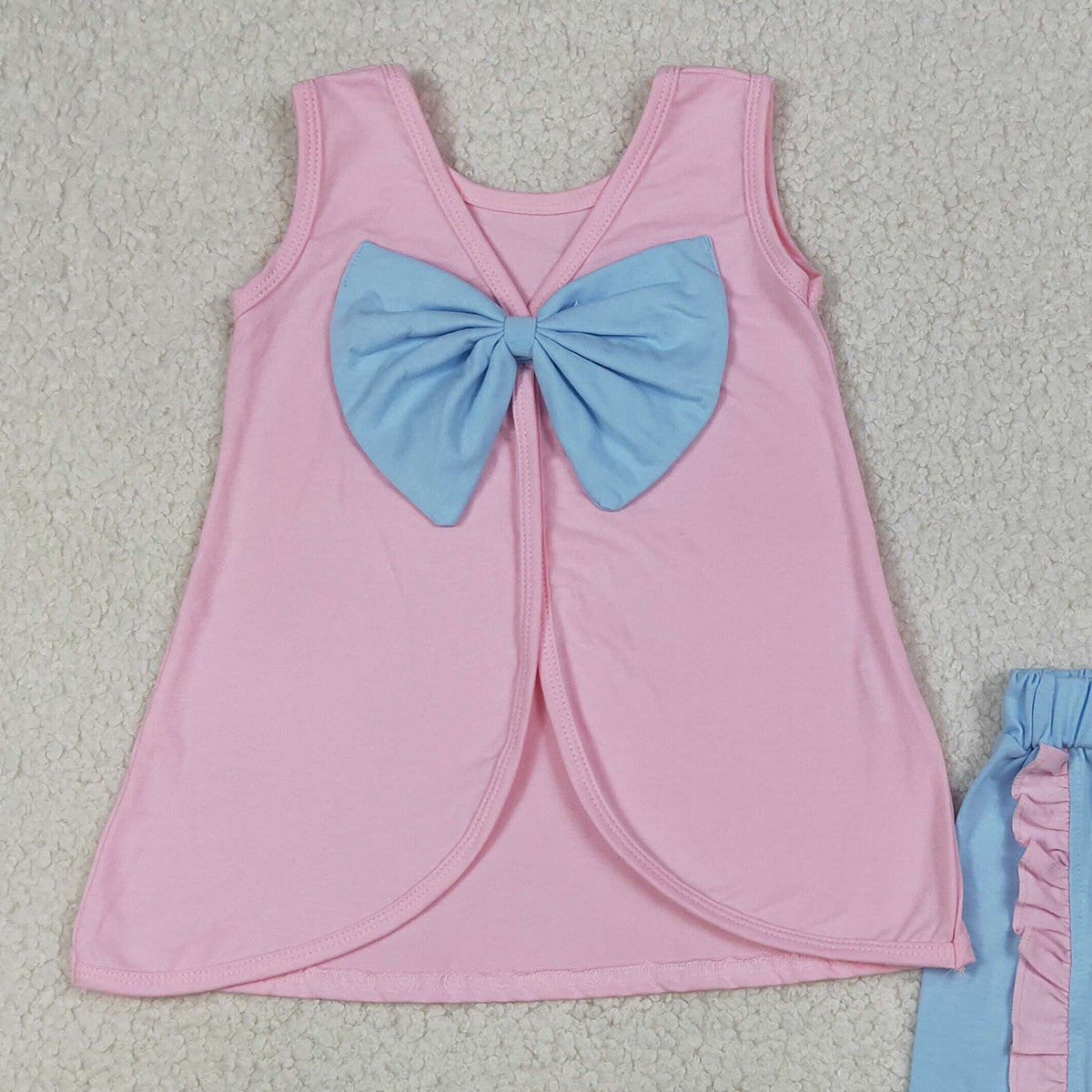 4.1 RTS NO MOQ （In stock）GSSO3462 Sleeveless bow pink tunic light blue shorts girls summer outfits