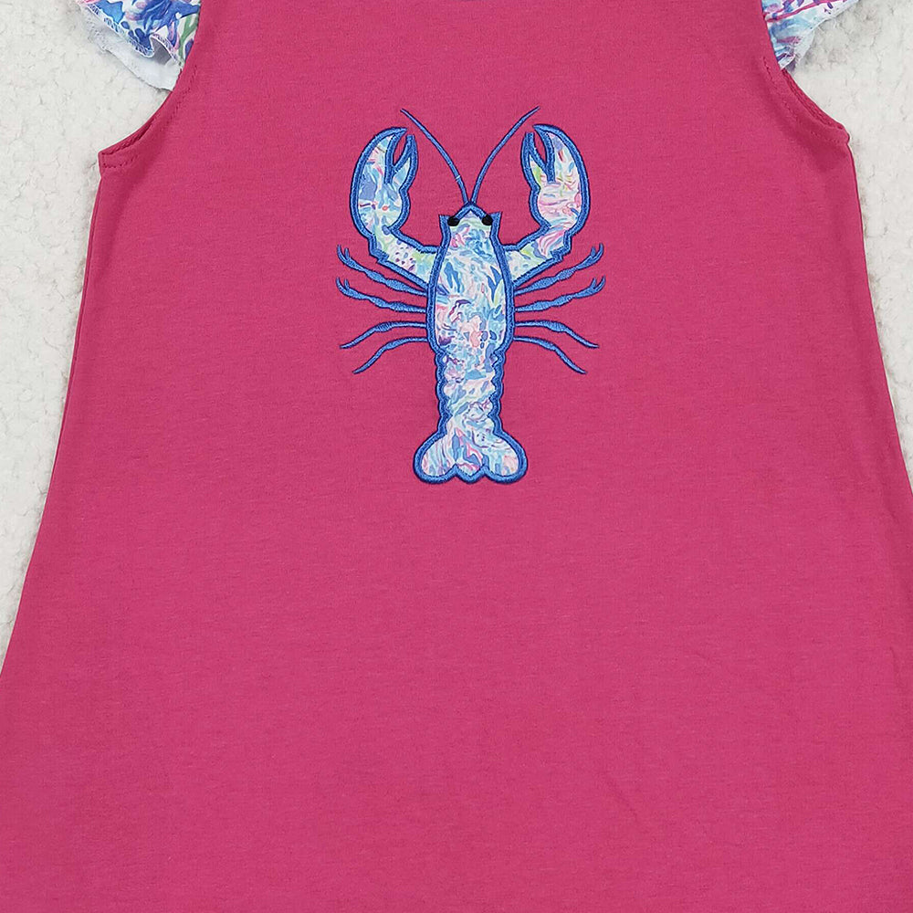 RTS NO MOQ （In stock）GSD2398 Baby Girls Summer Dress Embroidery Baby Girls Flutter Sleeves Floral Crayfish Knee Length Dress