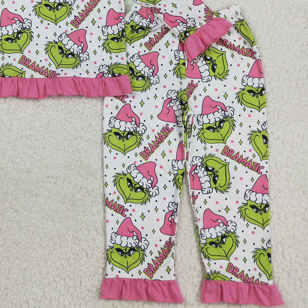 RTS NO MOQ （In stock）GLP2645 Baby Girls Winter Outfits Baby Girls Green Face Stars Plaid Top Pant Christmas Pajamas Set