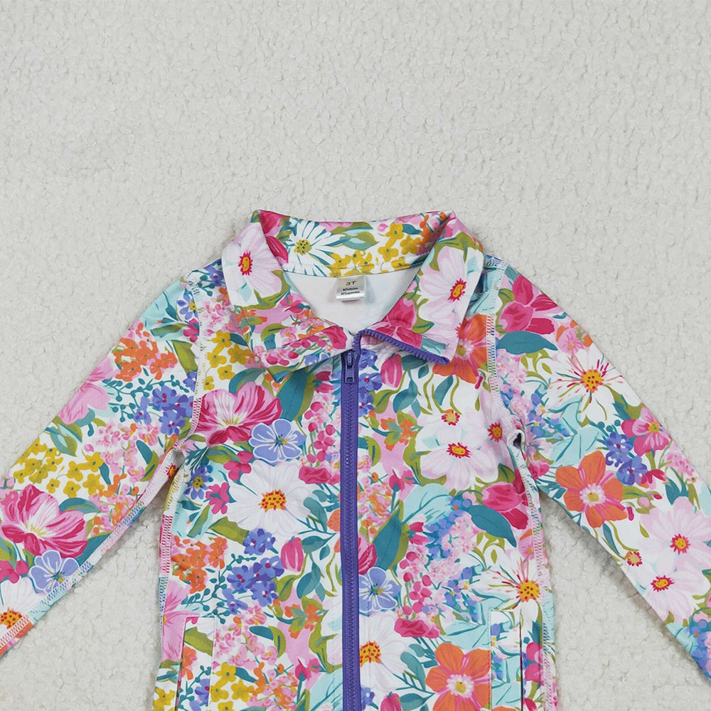 RTS NO MOQ （In stock）GT1061 Baby Girls  Yoga Tops Baby Girls Long Sleeves Pink Lavender Floral Pockets Zipper Yoga Jackets