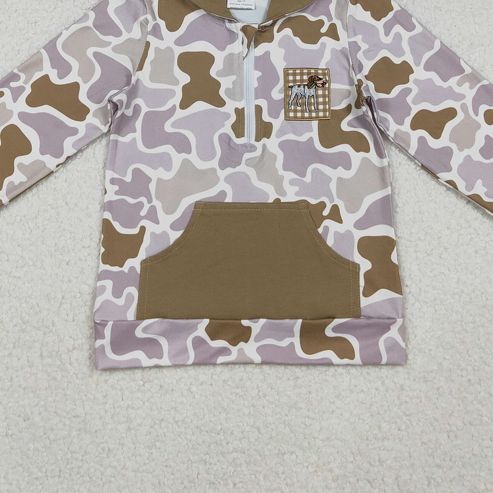 10.10 RTS NO MOQ （In stock）BT1302 Embroidery Dog Duck Baby Boys Camo Pocket Zipper Hunting Hoodies Top