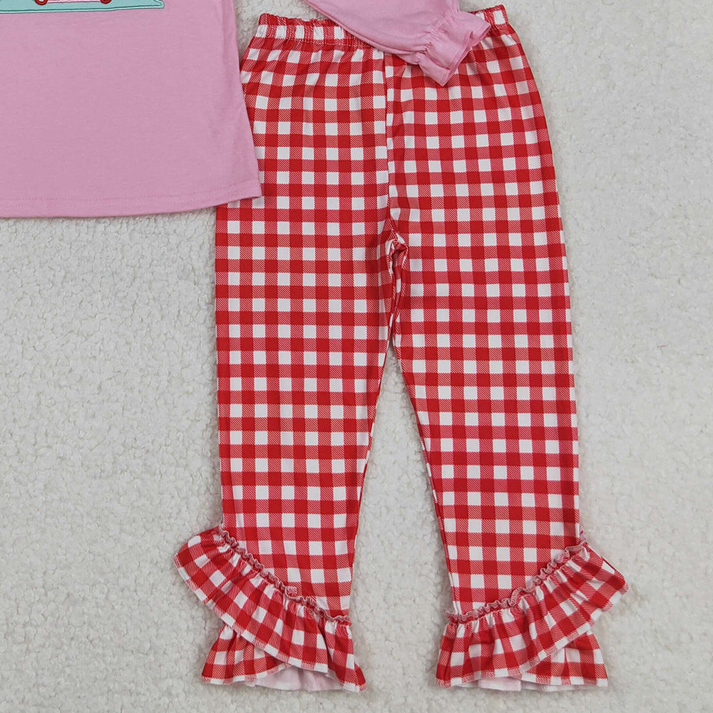 RTS NO MOQ （In stock）GLP2523 Baby Girls Winter Outfits Pink Christmas Candy Cane Print Top with Red Plaid Pants Outfit