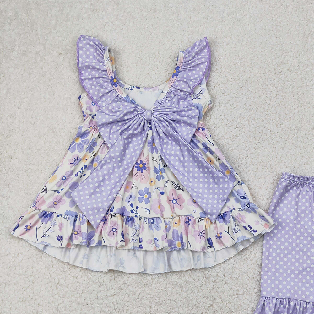 4.12 GSSO2306 RTS NO MOQ Baby Girls Summer Outfits  Polka dots ruffle floral tunic shorts girls clothing outfits
