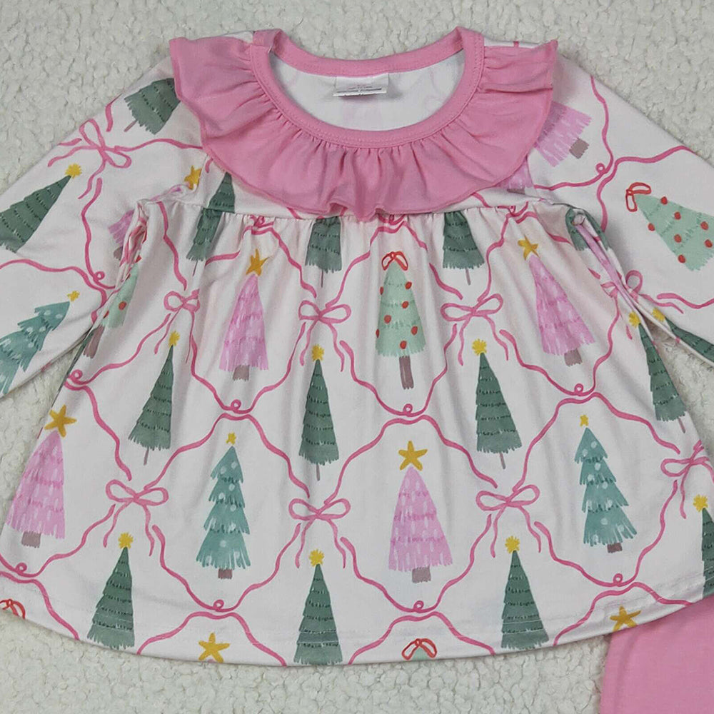RTS NO MOQ （In stock） GLP2420 Baby Girls Winter Outfits Baby Girls Long Sleeves Trees Bows Plaid Tunic Ruffle Pant Set