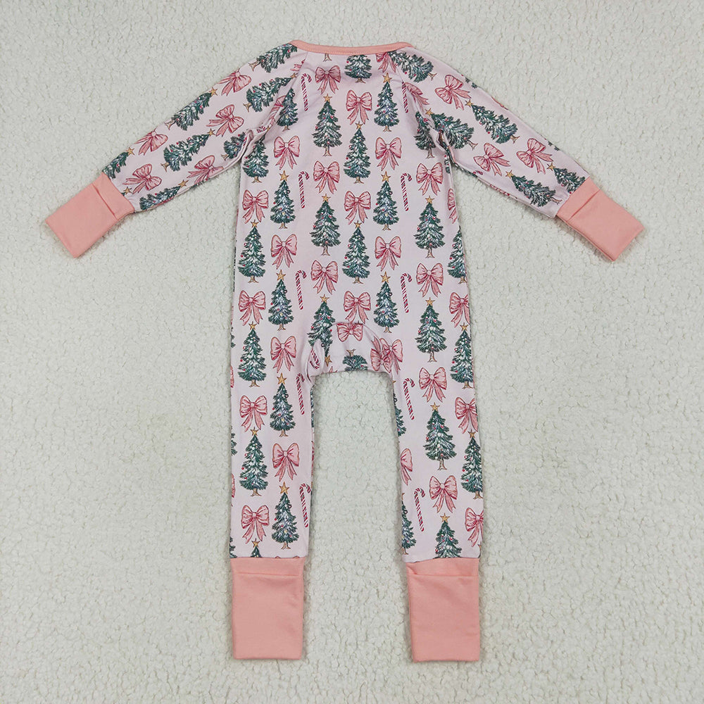 8.14 RTS NO MOQ （In stock） LR2283 Baby Girls Winter Rompers Baby Girls Long Sleeves Pink Bows Trees Zipper Pant Rompers