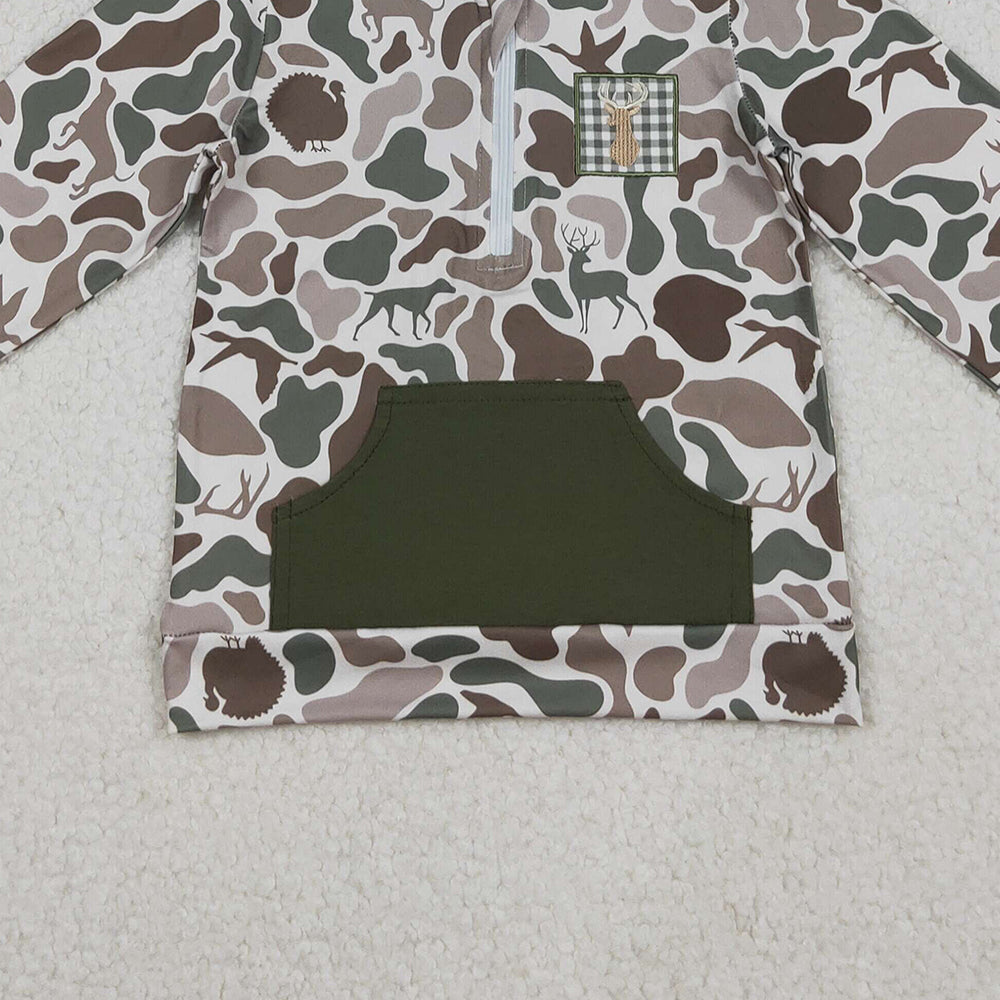 10.11 RTS NO MOQ （In stock）BT1304 Embroidery Deer Baby Boys Dog Ducks Camo Pocket Zipper Hunting Hoodies