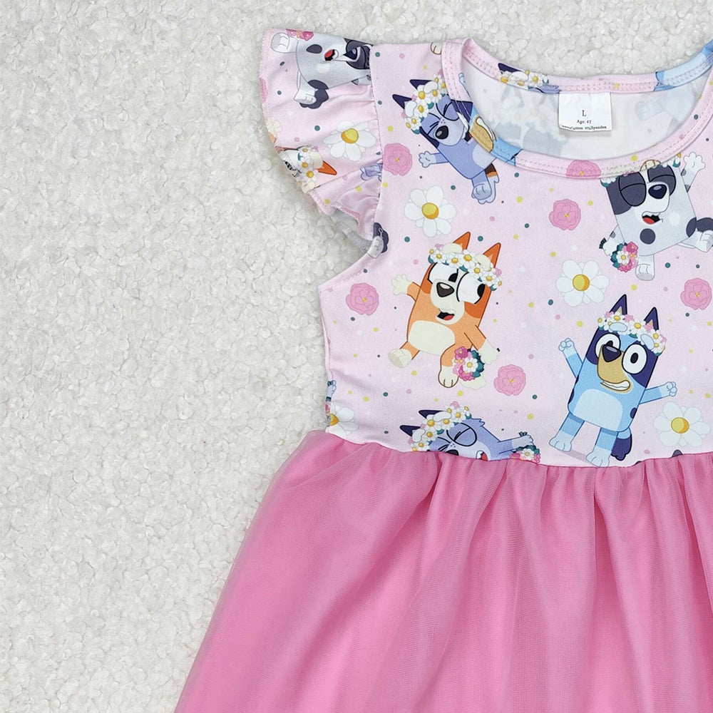 GSD1789Kids Girls Pink Floral Tulle Dress with Flutter Sleeves Dog Pattern Cute Children's Party Wear