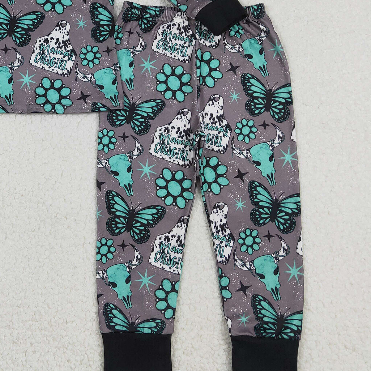 12.26 RTS NO MOQ （In stock）GLP3254 Baby Girls Bull Skulls Butterfly Turquoises Top Pants Western Pajamas Sets