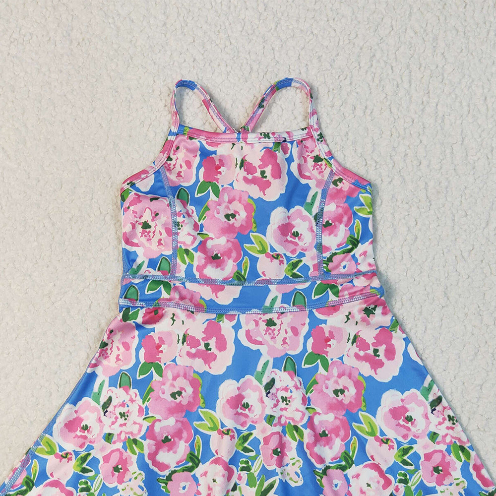 RTS NO MOQ （In stock）GSD2284 Baby Girls Summer Yoga Dress Baby Girls Blue Strap Colorful Floral Yoga Ruffle Knee Length Dresses