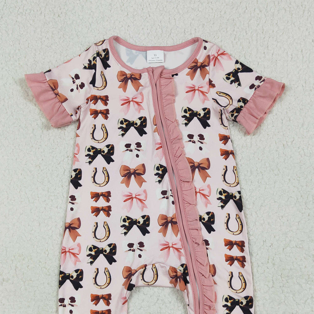 RTS NO MOQ （In stock）SR3116  Baby Girls Summer Rompers Baby Girls Pink Short Ruffle Sleeves Bows Horse Shoes Zipper Rompers