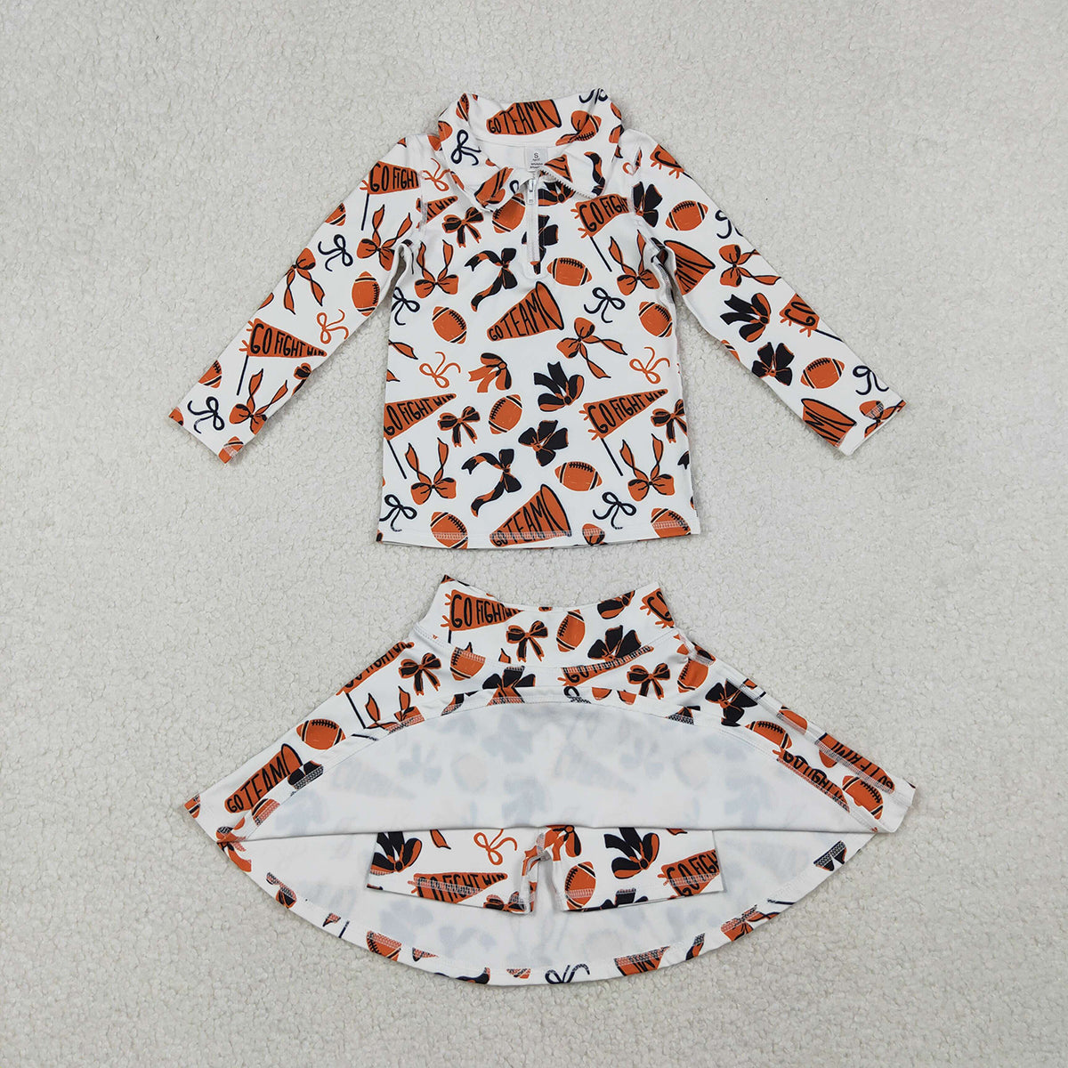 10.27 RTS NO MOQ （In stock）GT1197 Baby Girls Long Sleeve Tops Baby Girls Orange Black Bows Go Team Yoga Active Zipper Pullovers Top