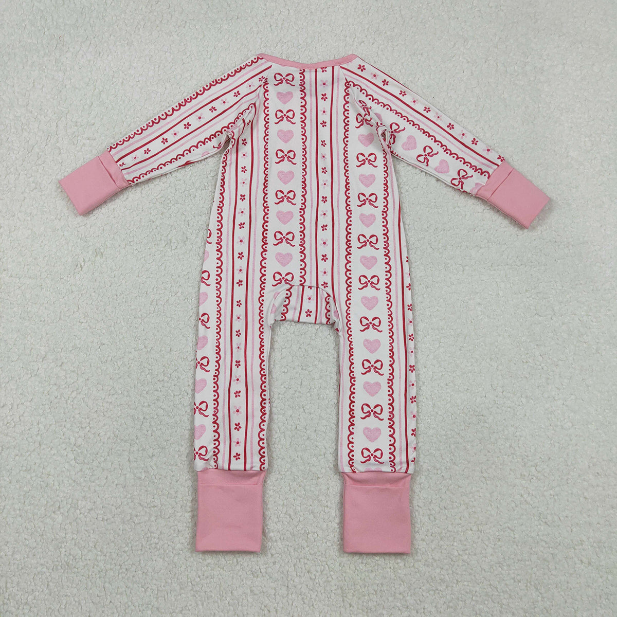 11.18 RTS NO MOQ （In stock）LR2781 Baby Girls Winter Rompers Baby Girls Pink Bows Hearst Stripe Valentines Two Way Ruffle Zip Convertible Rompers