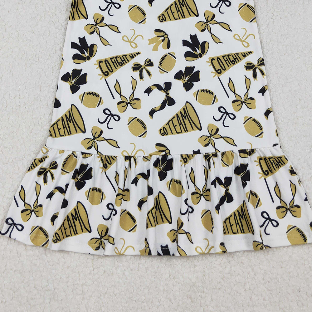 RTS NO MOQ （In stock）GSD2788  Baby Girls Summer Dress Flutter Sleeves Yellow Cheer Bows Team Knee Length Dresses