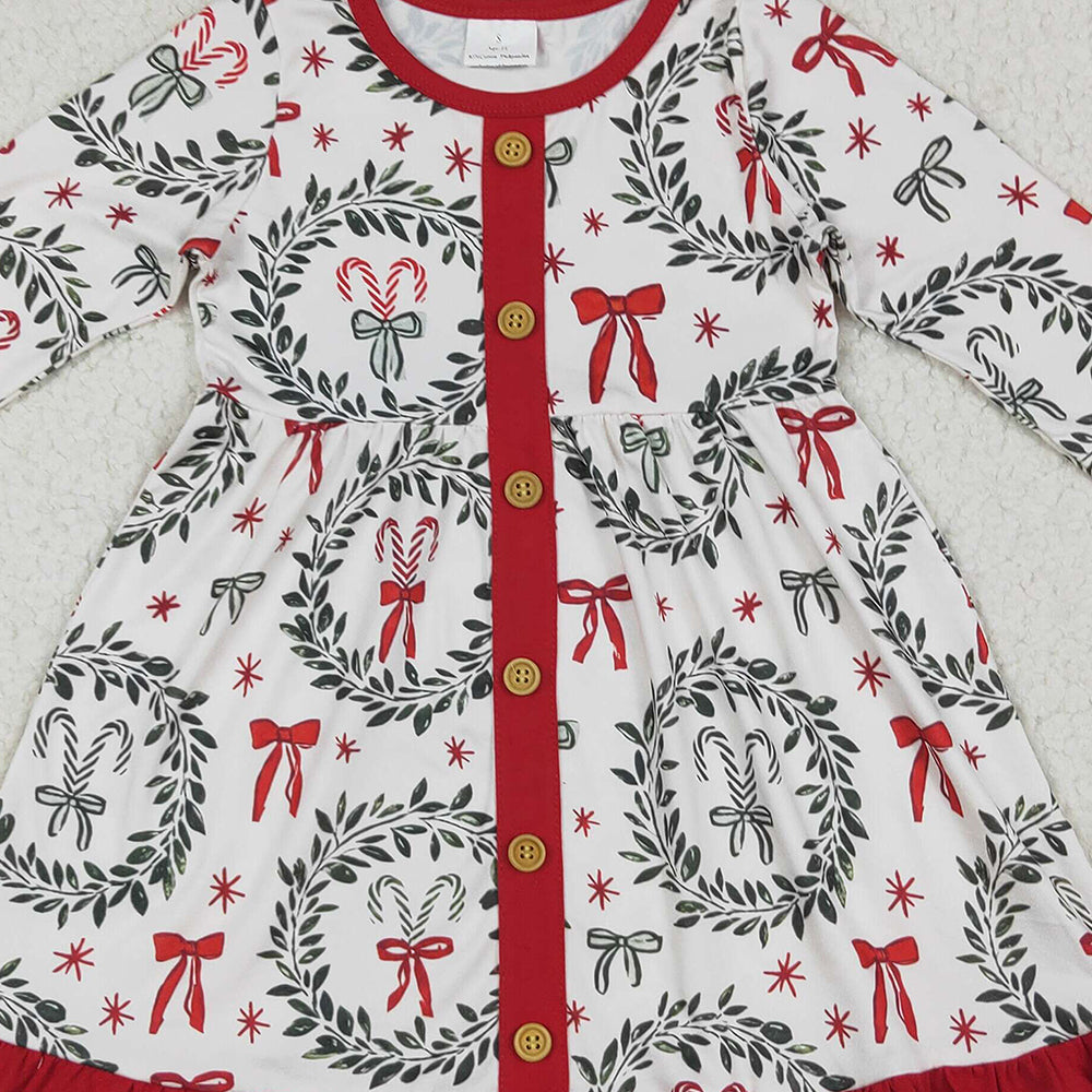 8.15 GLD1082 RTS NO MOQ Baby Girls Winter Dress Baby Girls Long Ruffle Sleeves Green Red Bows Button Knee Length Dresses