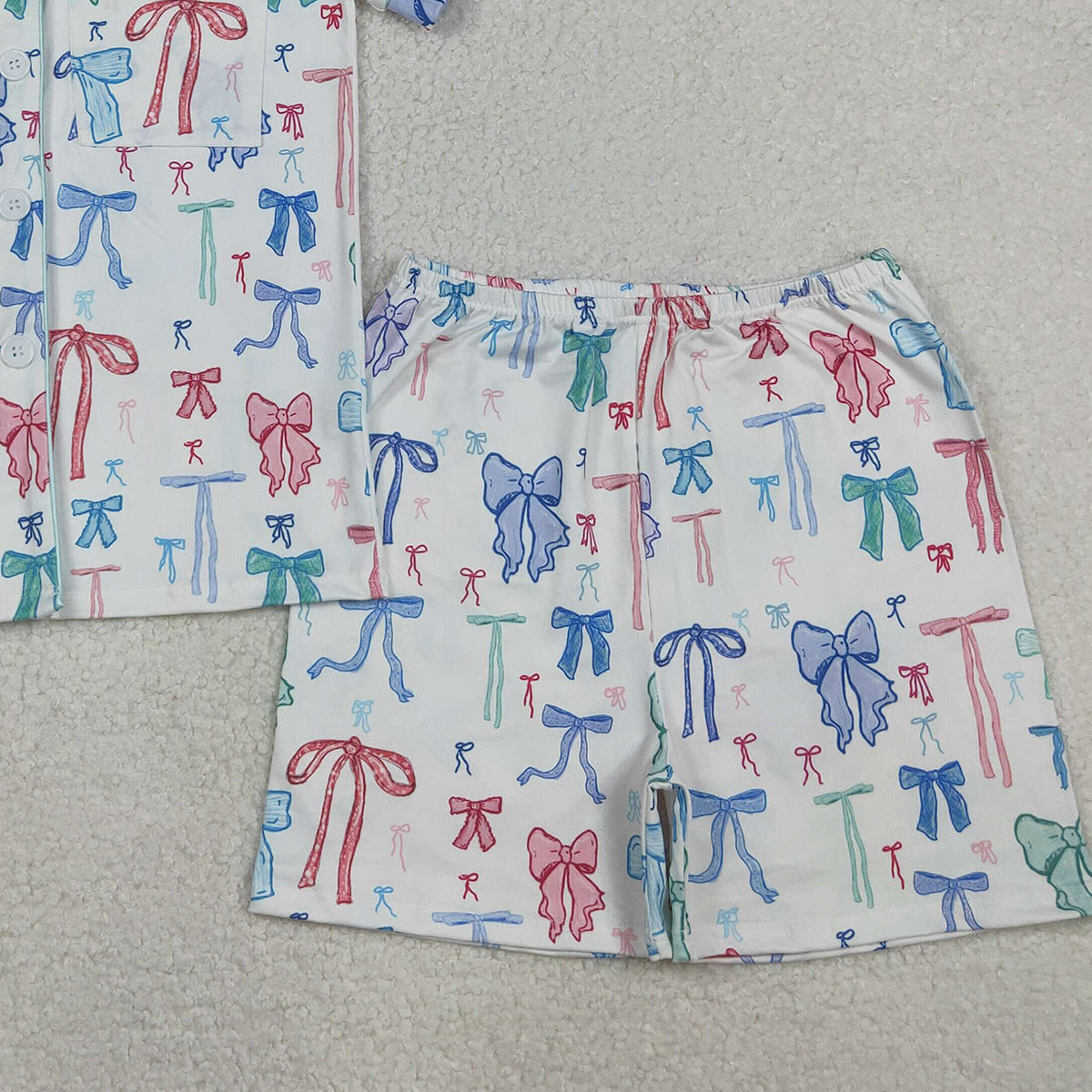 11.5 RTS NO MOQ （In stock）GSSO2216 Adult Women Colorful Bows Lapel Buttons Tops Shorts Pajamas