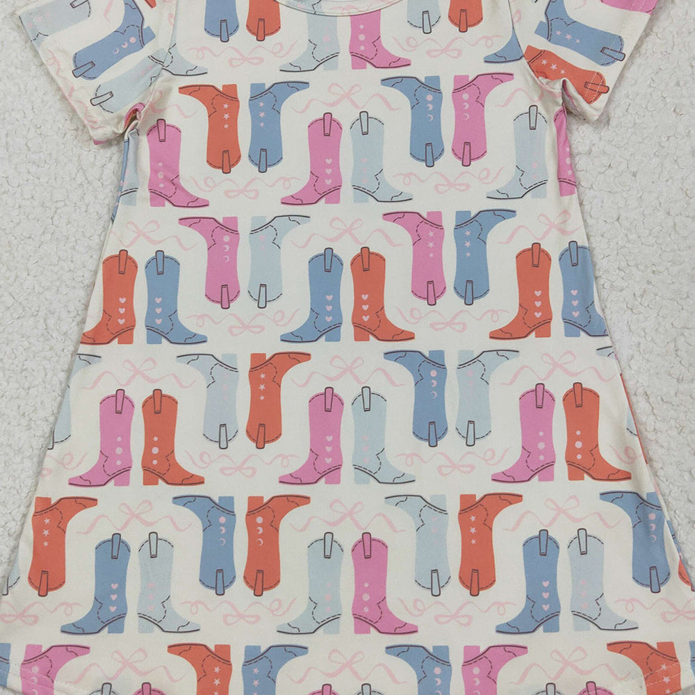 7.02 GSD2497RTS NO MOQ Baby Girls Summer Dress Baby Girls Short Sleeves Colorful Boots Knee Length Dresses