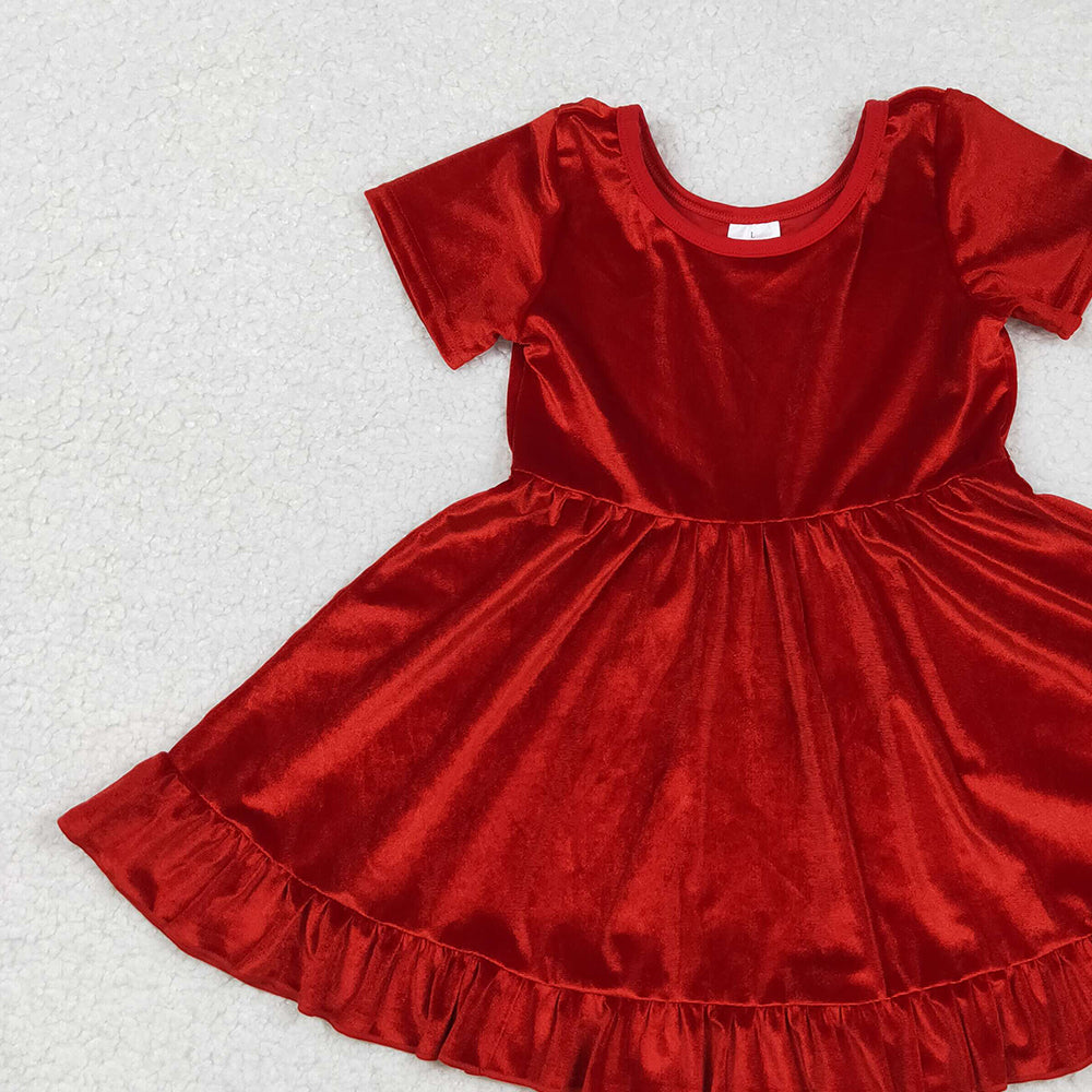 RTS NO MOQ （In stock）GSD2614 Baby Girls Dress Baby Girls Short Sleeves Red Velvet Ruffle Knee Length Dresses