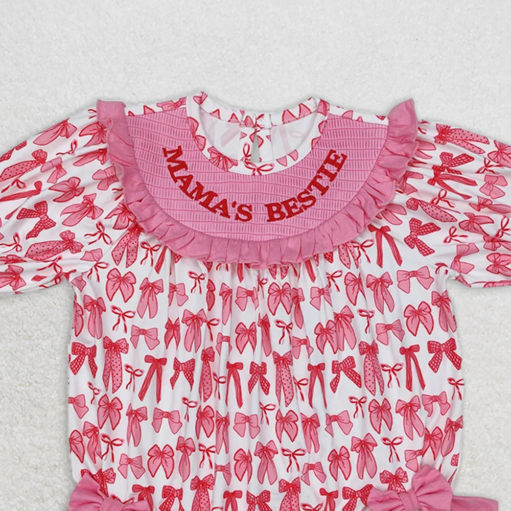SR2620RTS NO MOQ Baby Girls Summer Rompers Short sleeves Mama's bestie smocked bow baby girls romper