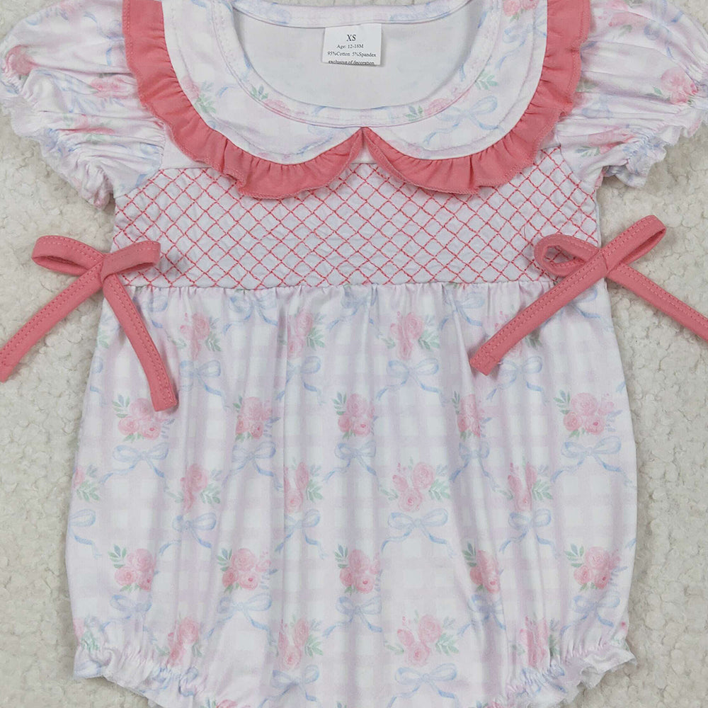 6.10 SR2917 RTS NO MOQ Baby Girls Summer Rompers EmbroideryShort sleeves floral bow plaid baby girls summer romper