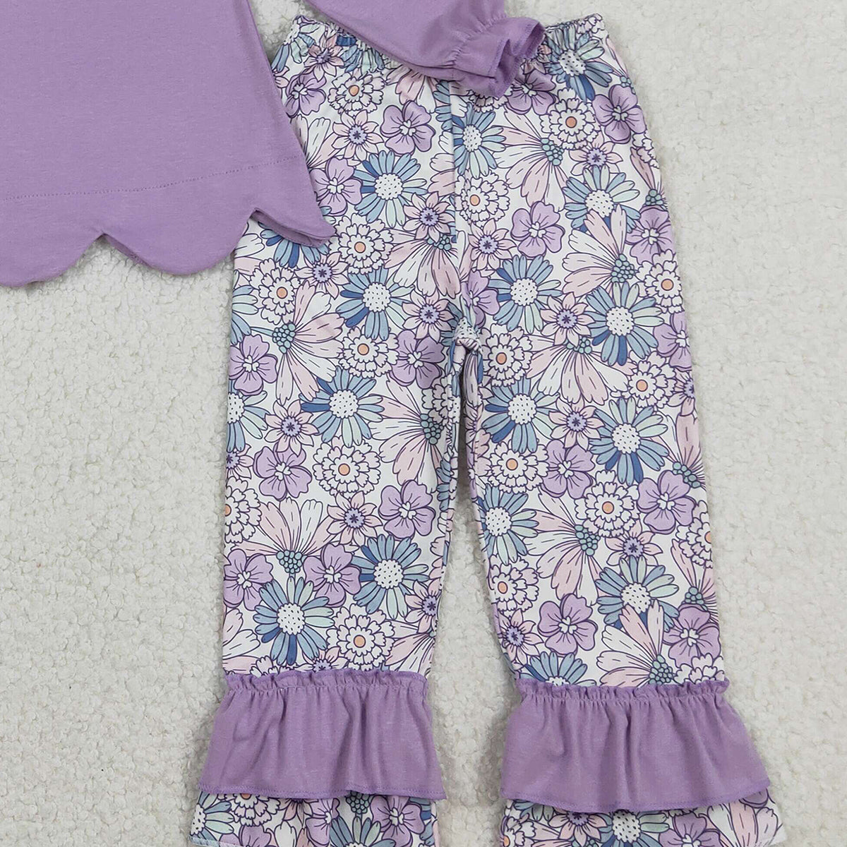 1.15 RTS NO MOQ （In stock）GLP3019 Embroidery Floral Bows Baby Girls Purple Scallop Tunic Ruffle Pants Clothes Sets