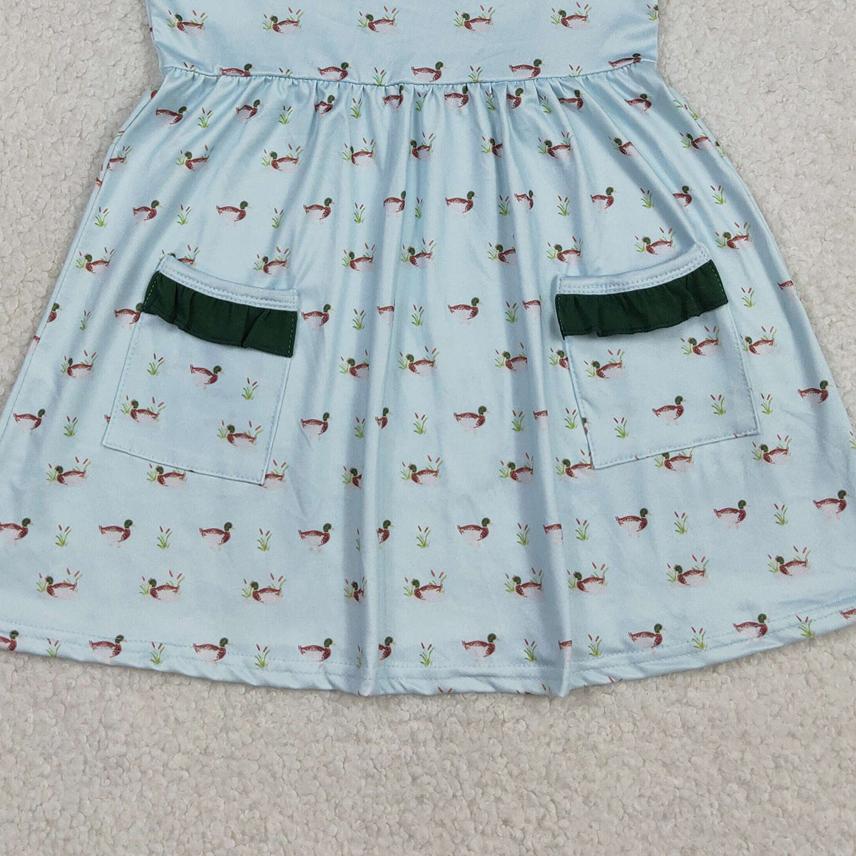 3.5 RTS NO MOQ （In stock）GSD3679 Kids Fashion Flutter Sleeve Ducks Pockets Hunting Knee Length Dress