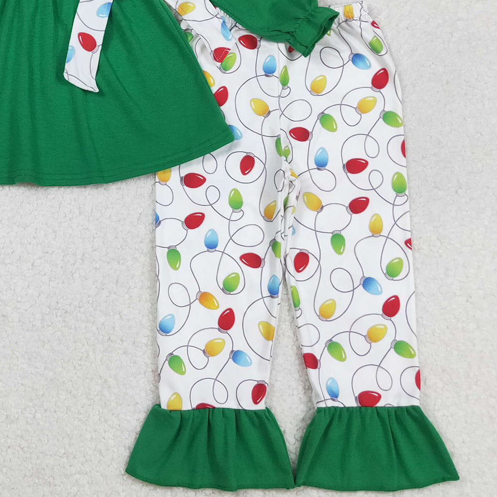 RTS NO MOQ （In stock）GLP2491 Baby Girls Winter Outfits Dark Green Long Ruffle Sleeve Tunic with Light Bow Detail Matching Pants