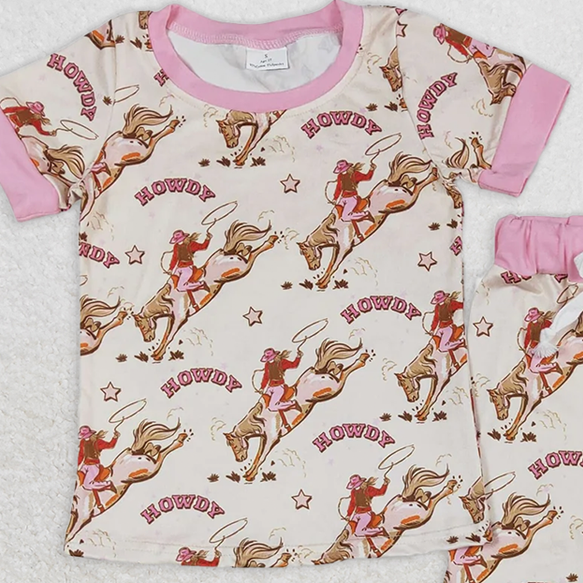 GSPO1488 RTS NO MOQ Baby Girls Pajamas Outfits howdy horse riding pink hem short-sleeved trousers pajamas set