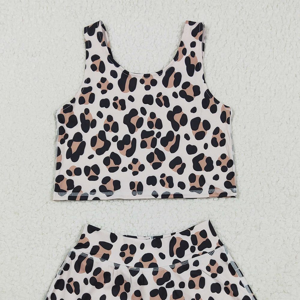 RTS NO MOQ （In stock）GSD2327 Baby Girls Yoga Sets Baby Girls Sleeveless Leopard Vest Top Skort Yoga Active Set