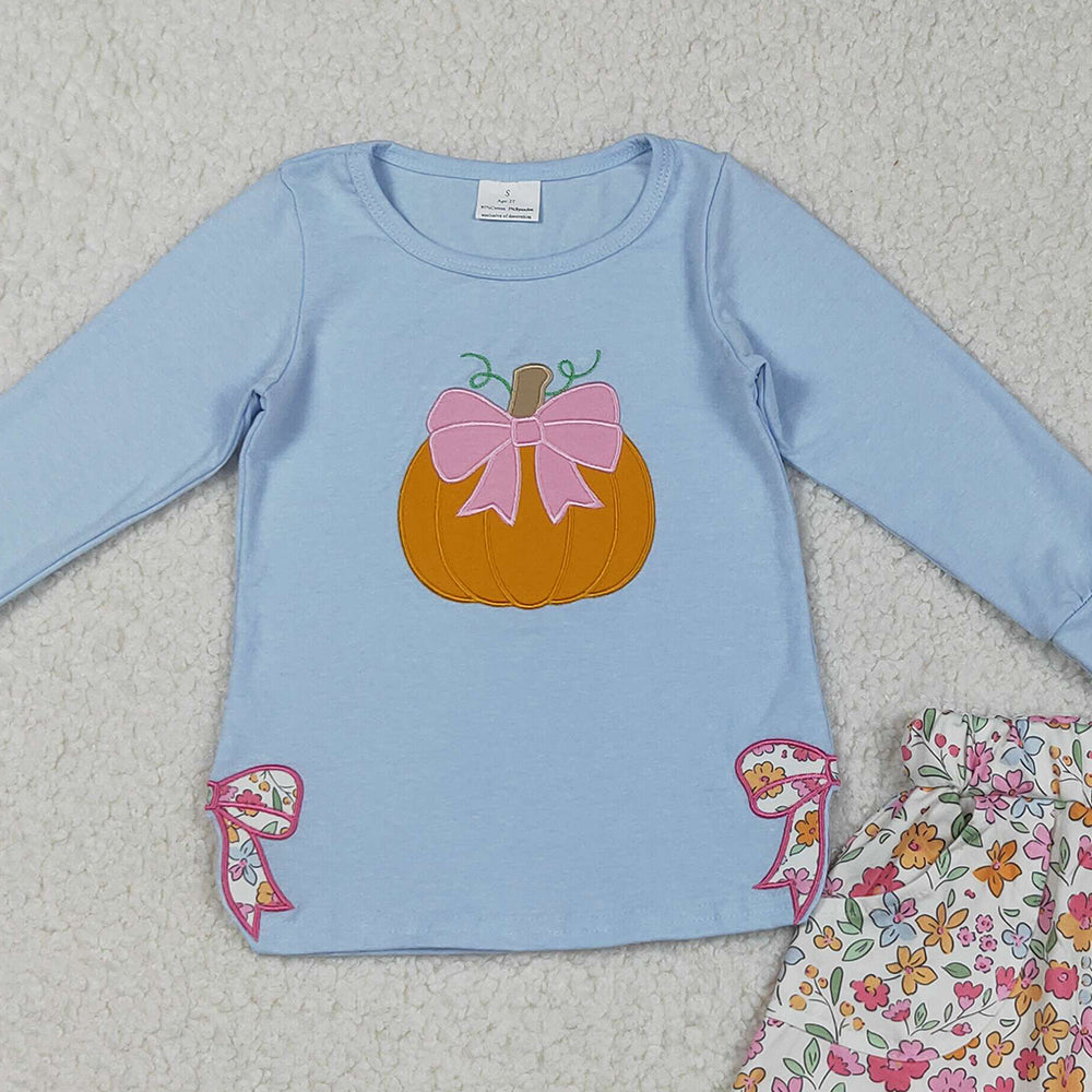 RTS NO MOQ （In stock）GLD1172 Baby Girls Skirt Sets Blue Long Sleeves Bows Pumpkin Top with Flowers Skorts Children's Outfit Set
