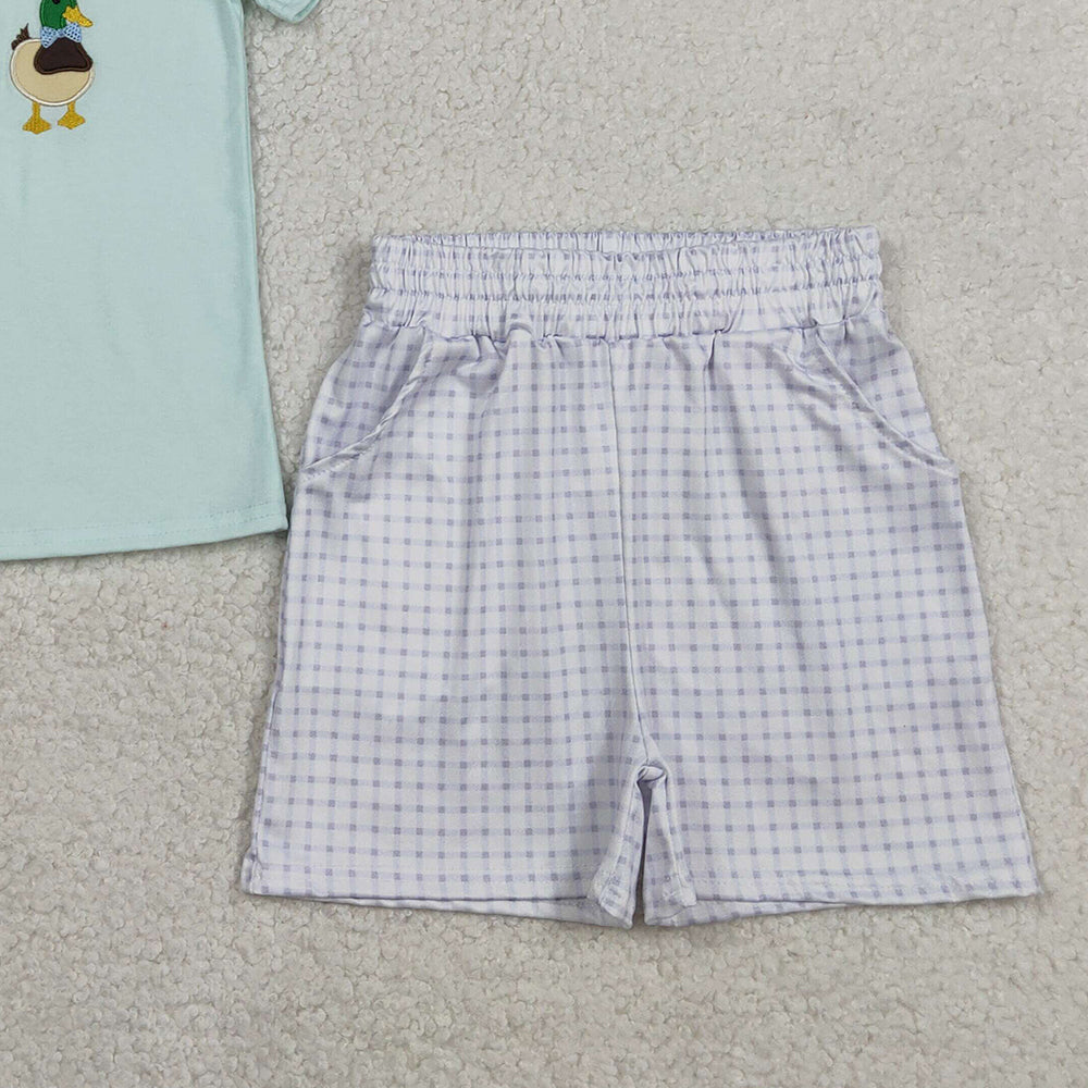 1.28 RTS NO MOQ （In stock）BSSO1719 Embroidery Rabbit Ducks Baby Boys Checked Pockets Short Easter Hunting Sets