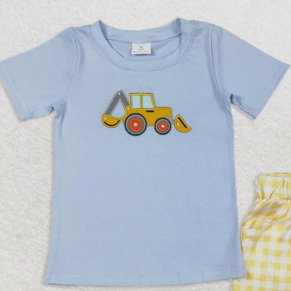 BSSO1117RTS NO MOQ Baby Boys Summer Boys Outfits Boys' Charming Short-Sleeved Light Blue Construction Clothes for Everyday
