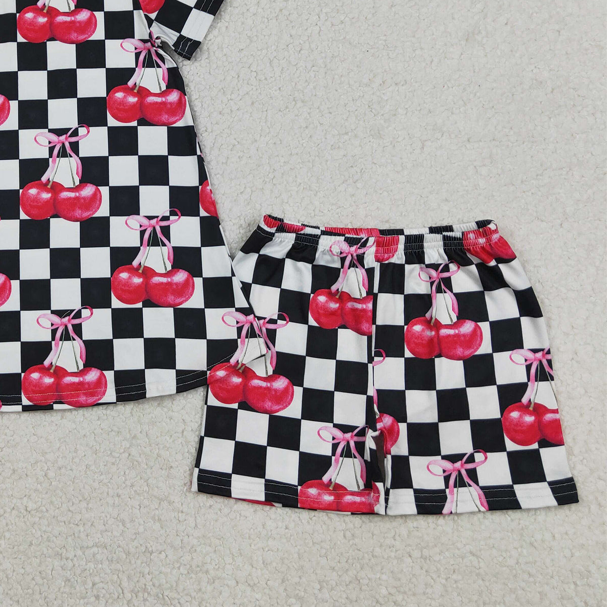 GSSO3075 RTS NO MOQ （In stock Short sleeves black plaid cherry top shorts girls outfits