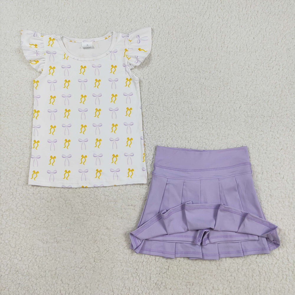 RTS NO MOQ （In stock）GT1147+GLK0085 Baby Girls Summer Outfits Baby Girls Yellow Lavender Bows Plaid Tee Shirts Top Baby Girls Lavender Yoga Active Wear Skirts Sets