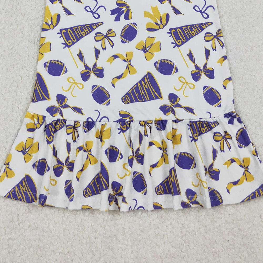 RTS NO MOQ （In stock）GSD2784 Baby Girls Summer Dress Flutter Sleeves Purple Cheer Bows Team Knee Length Dresses