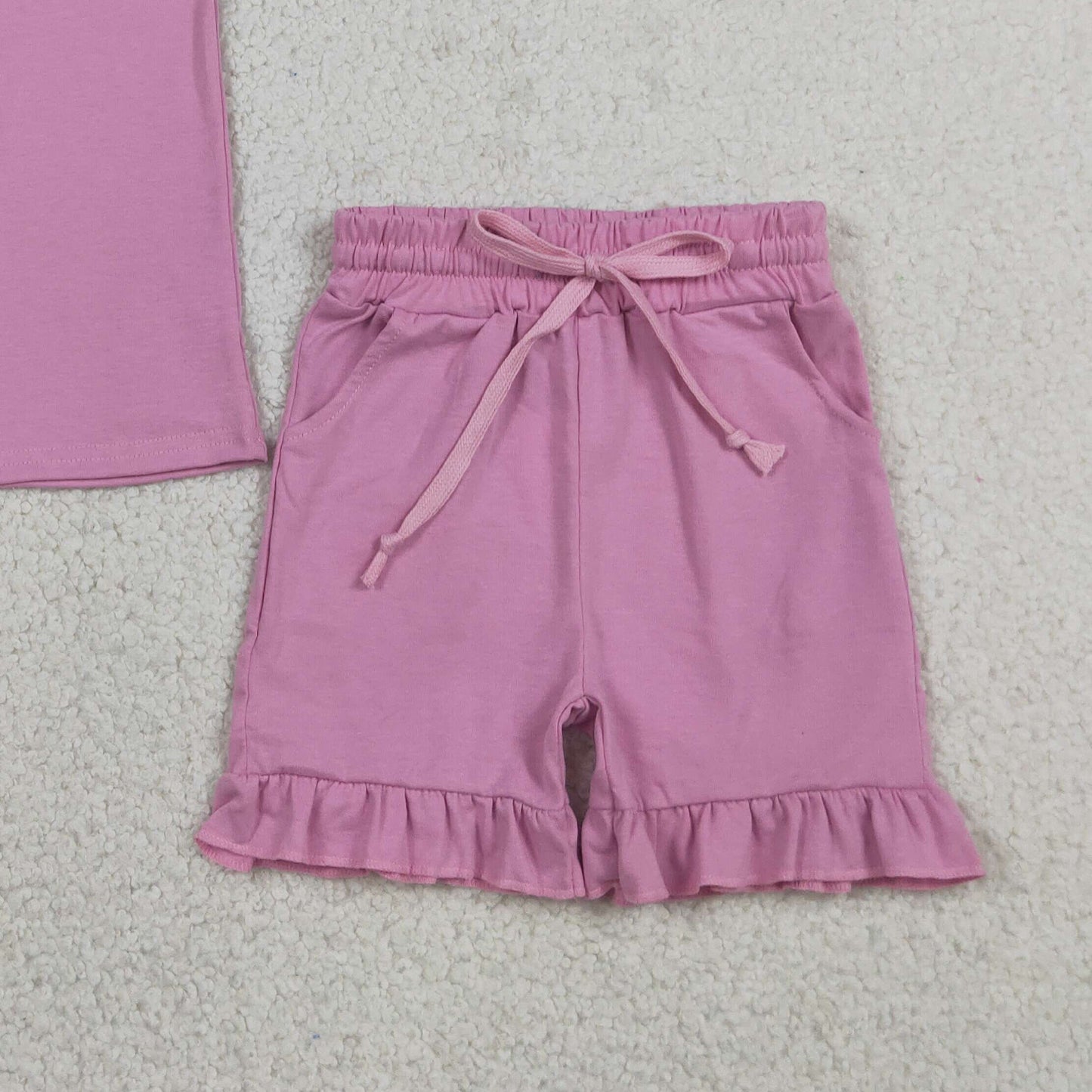 GSSO3348 RTS NO MOQ （In stock ）Short sleeves peach cotton top ruffle shorts girls outfits