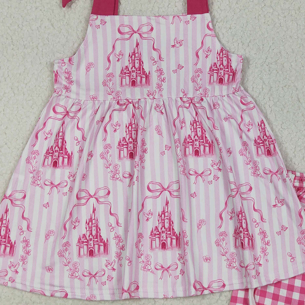 7.10 GSSO2582RTS NO MOQ Baby Girls Summer Outfits Baby Girls Pink Strap Castles Bows Tunic Plaid Short Set