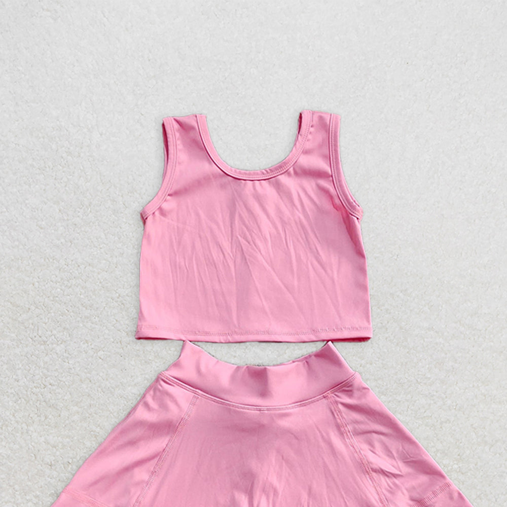 GSD1978RTS NO MOQ Baby Girls Yoga Outfits Dark Pink Sleeveless Top Skirt Set Kids Girls Active Wear Outfit