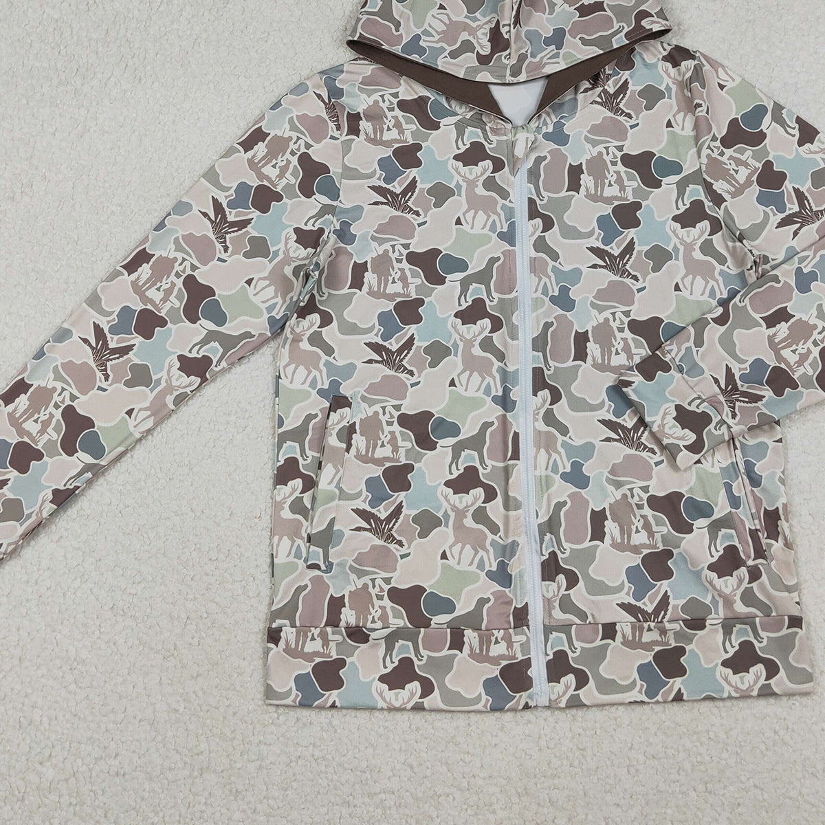 11.1 RTS NO MOQ （In stock）BT1392 Adult Men Dogs Ducks Hunting Camo Pockets Zipper Hoodies Jackets