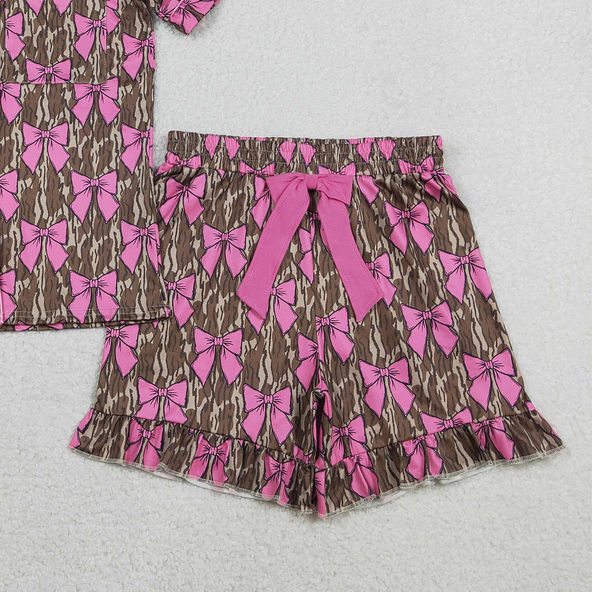 1.31 RTS NO MOQ （In stock）GSSO3137 Adult Women Southern Olive Camo Bows Button Pocket Top Ruffle Shorts Pajamas Set